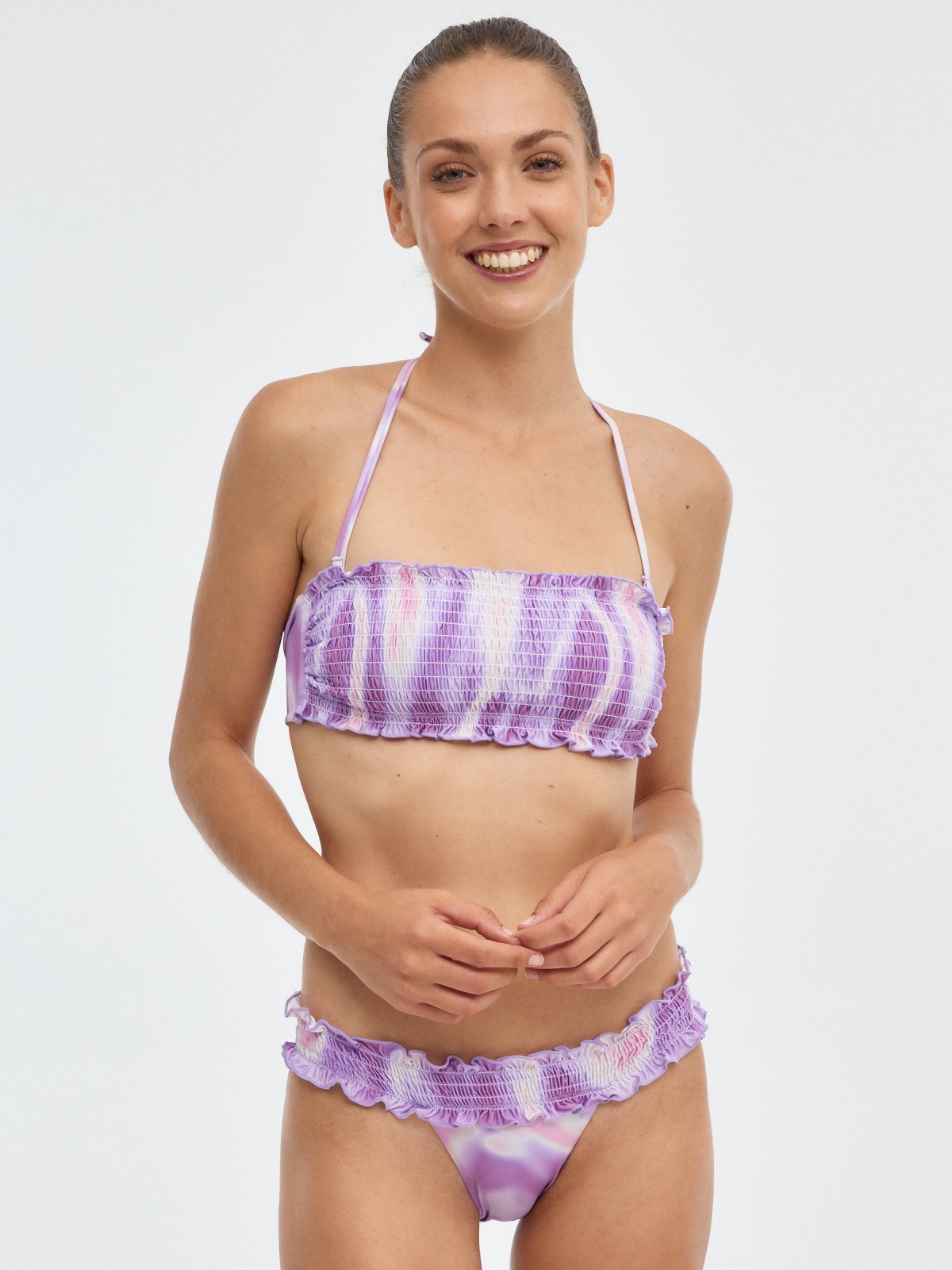 Top bikini de colméia multicolorido vista meia frontal