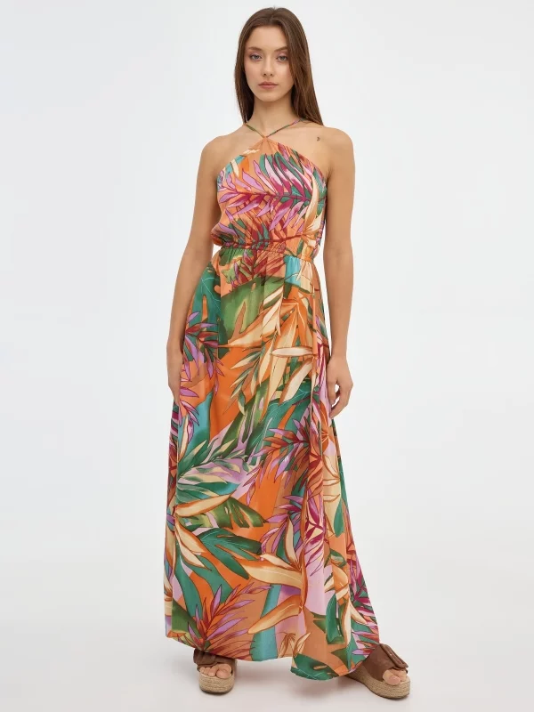 Vestido maxi estampado multicolorido vista meia frontal