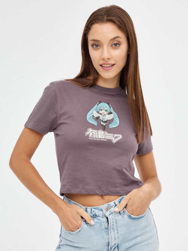 T-shirt de impressão Hatsune cinza escuro vista meia frontal