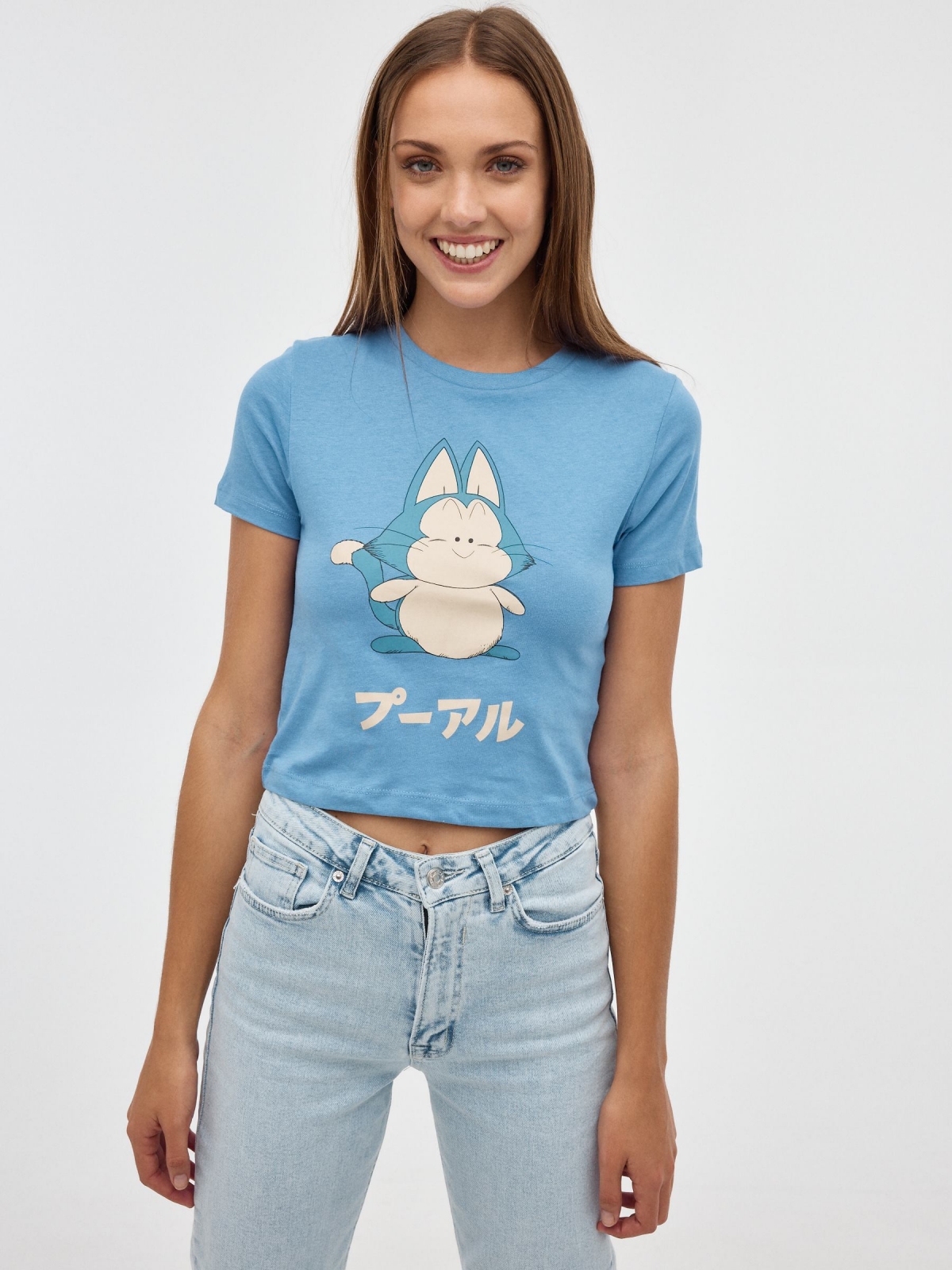 T-shirt Dragon Ball azul aço vista meia frontal