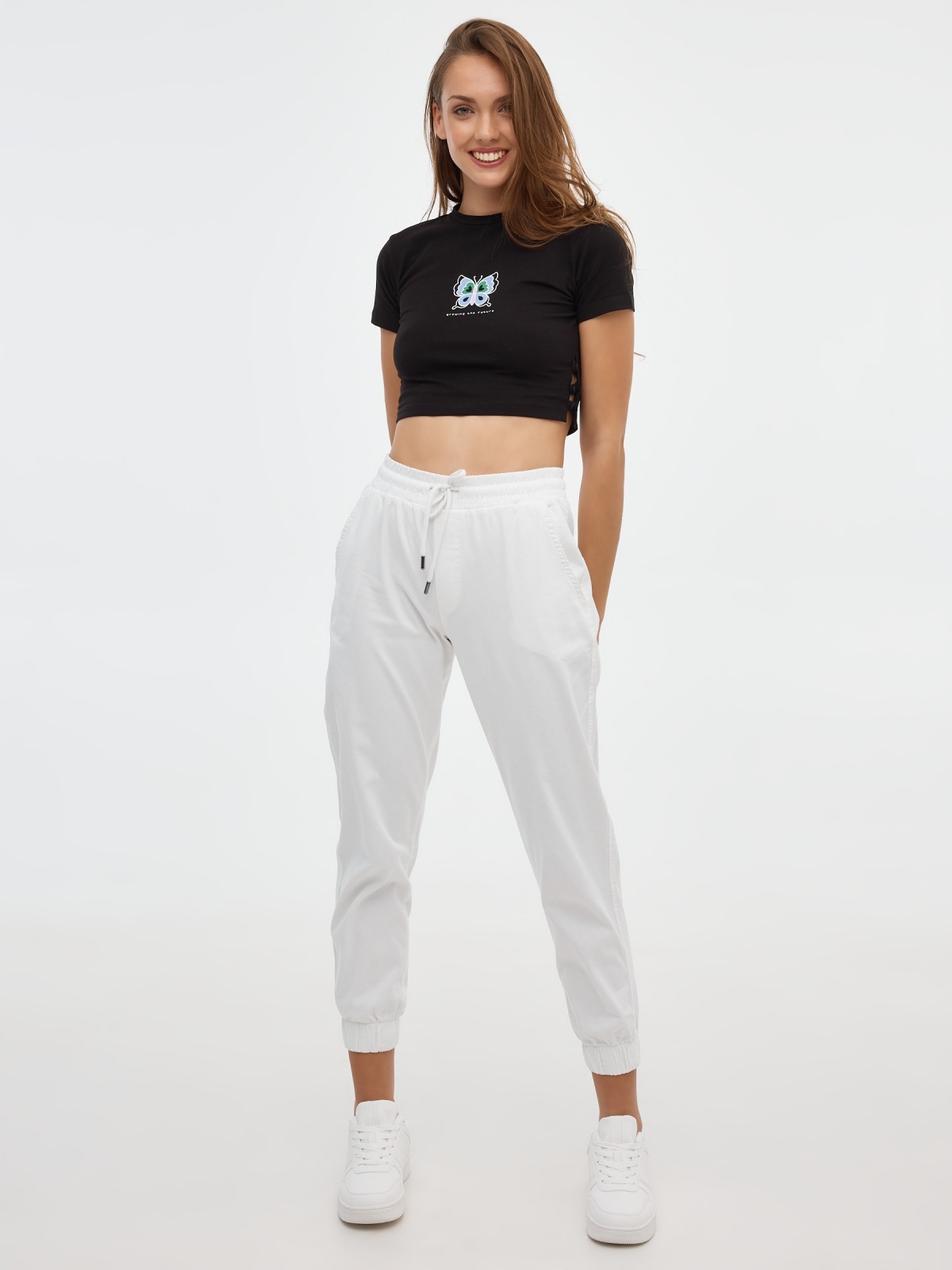 Pantalón jogger básicos con goma blanco vista general frontal