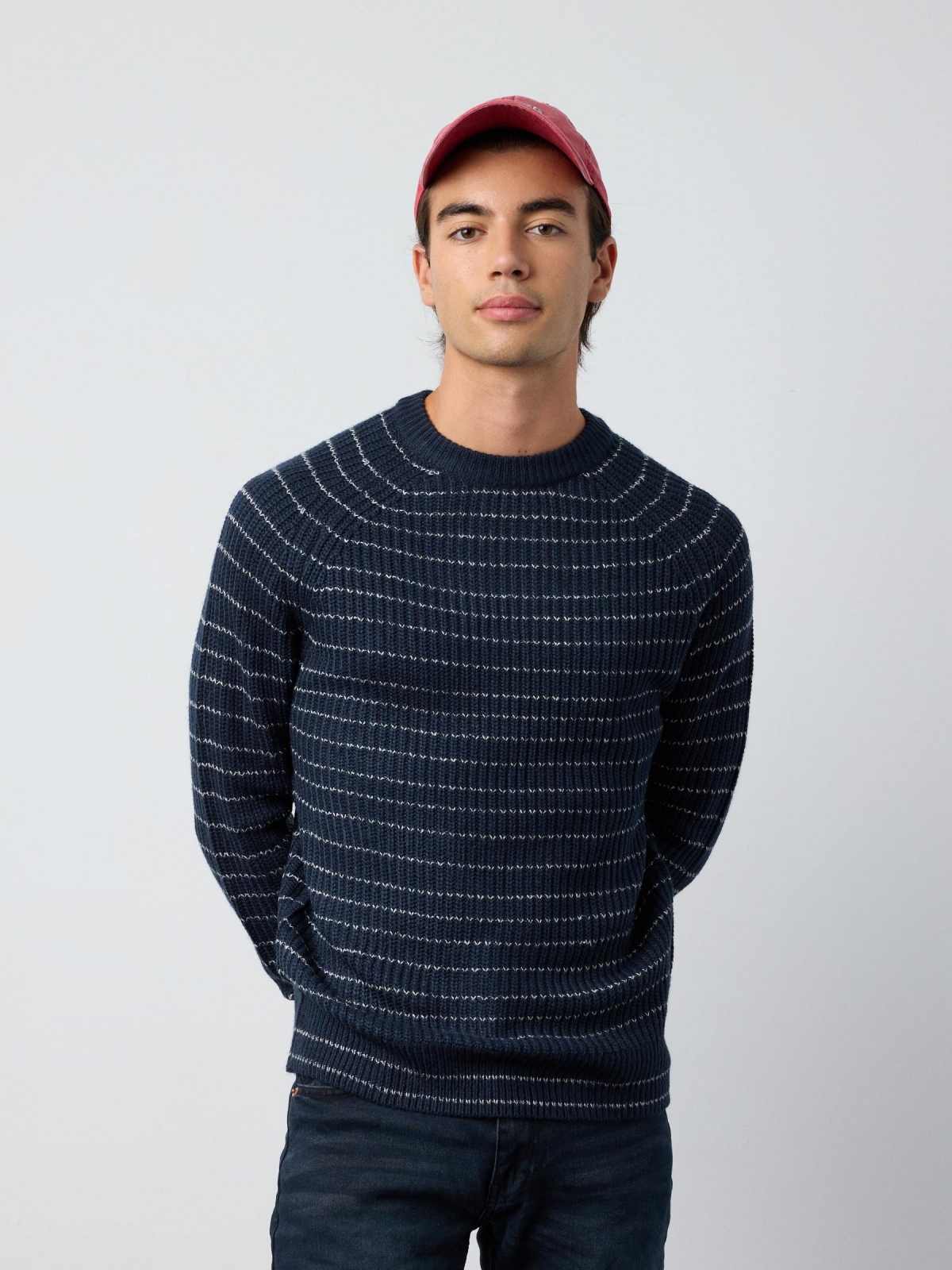 Torzal print jumper navy middle front view