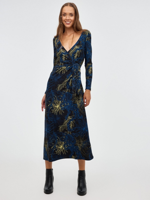 Maxi dress with floral cross over black middle front view