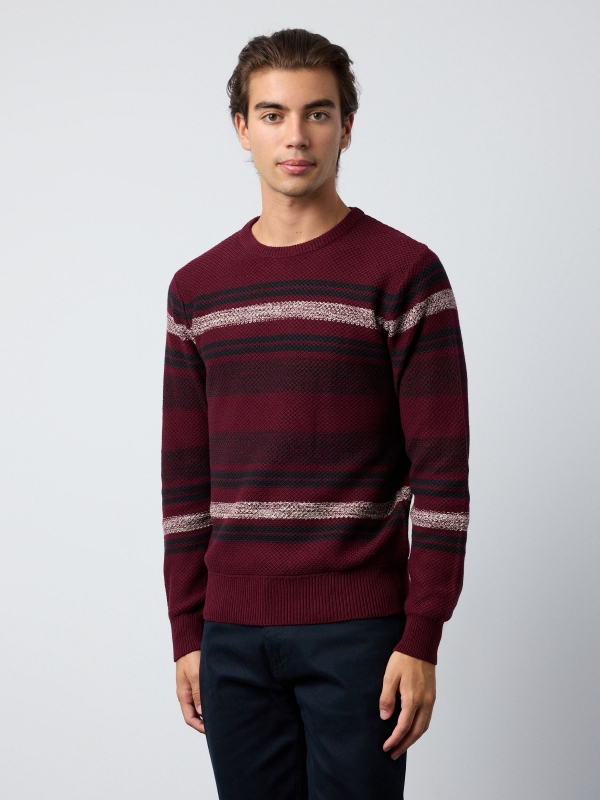 Coloured striped jumper burgundy middle front view