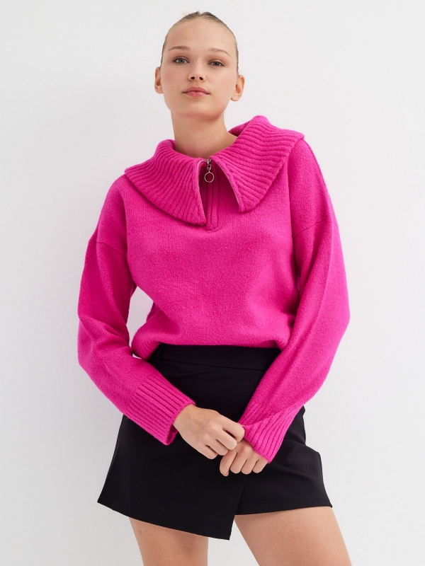 Jersey cuello alto con cremallera fucsia vista media frontal