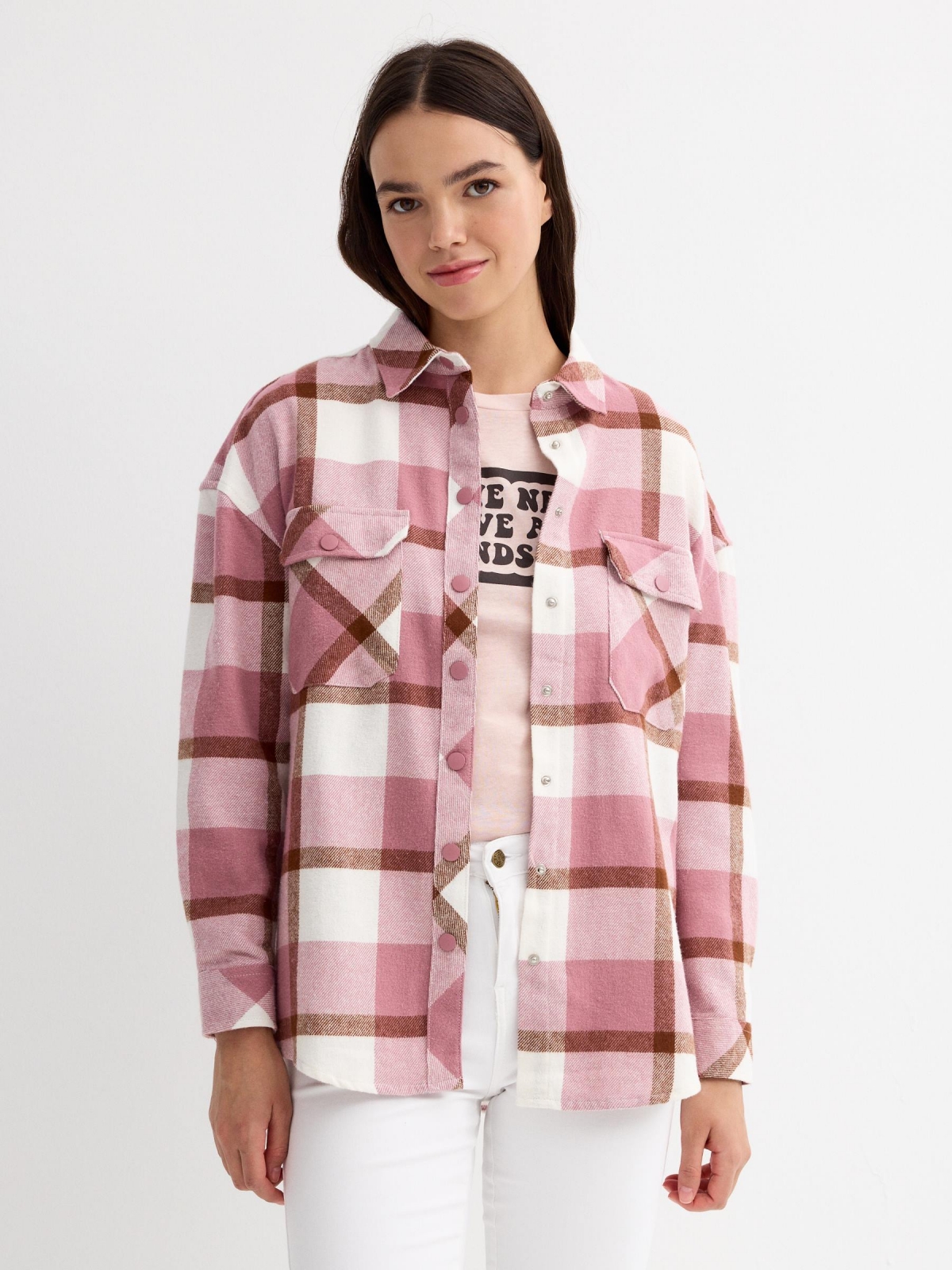 Camisa de flanela xadrez cor-de-rosa