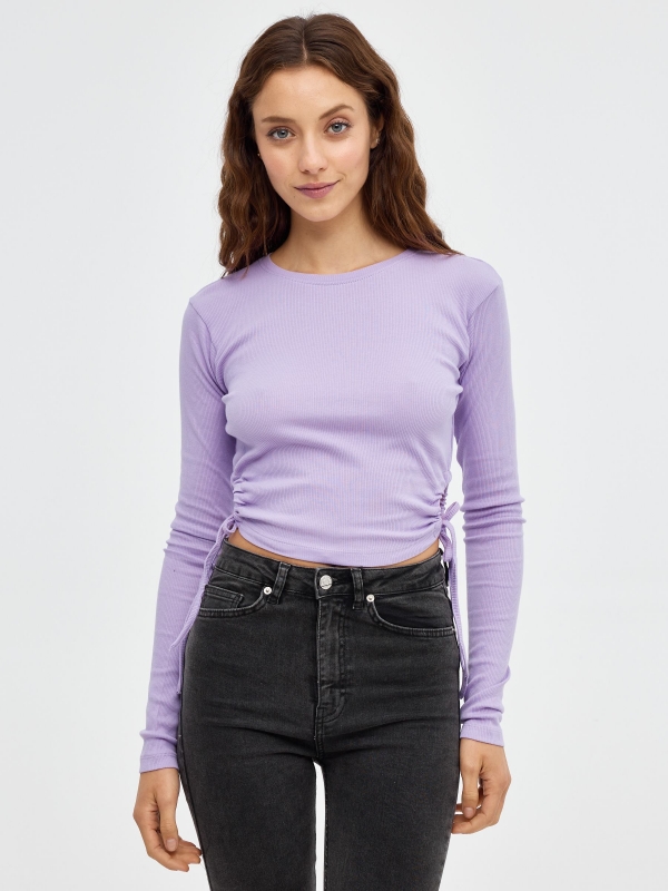 Side crop lace up t-shirt mauve middle front view