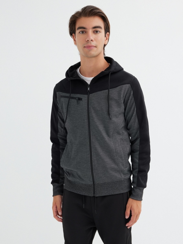 Open sweatshirt with zipper black middle front view