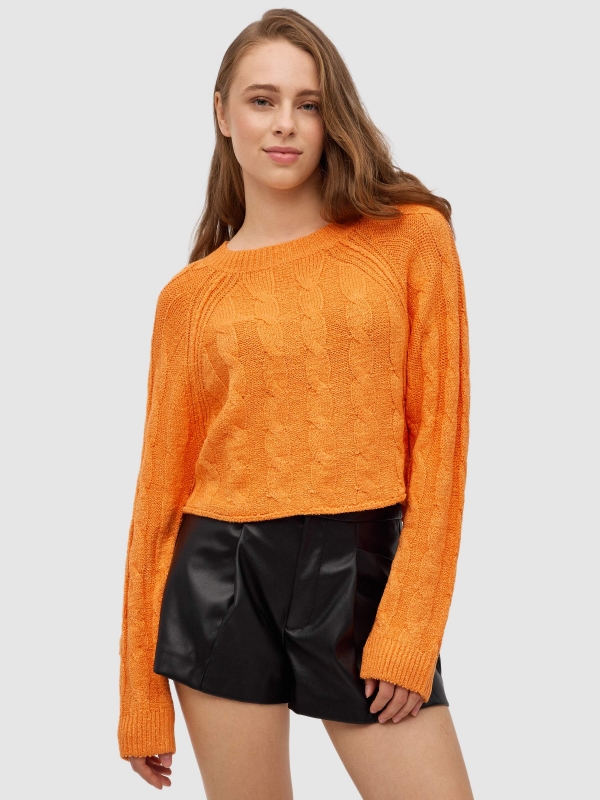 Eights crop sweater salmon middle front view