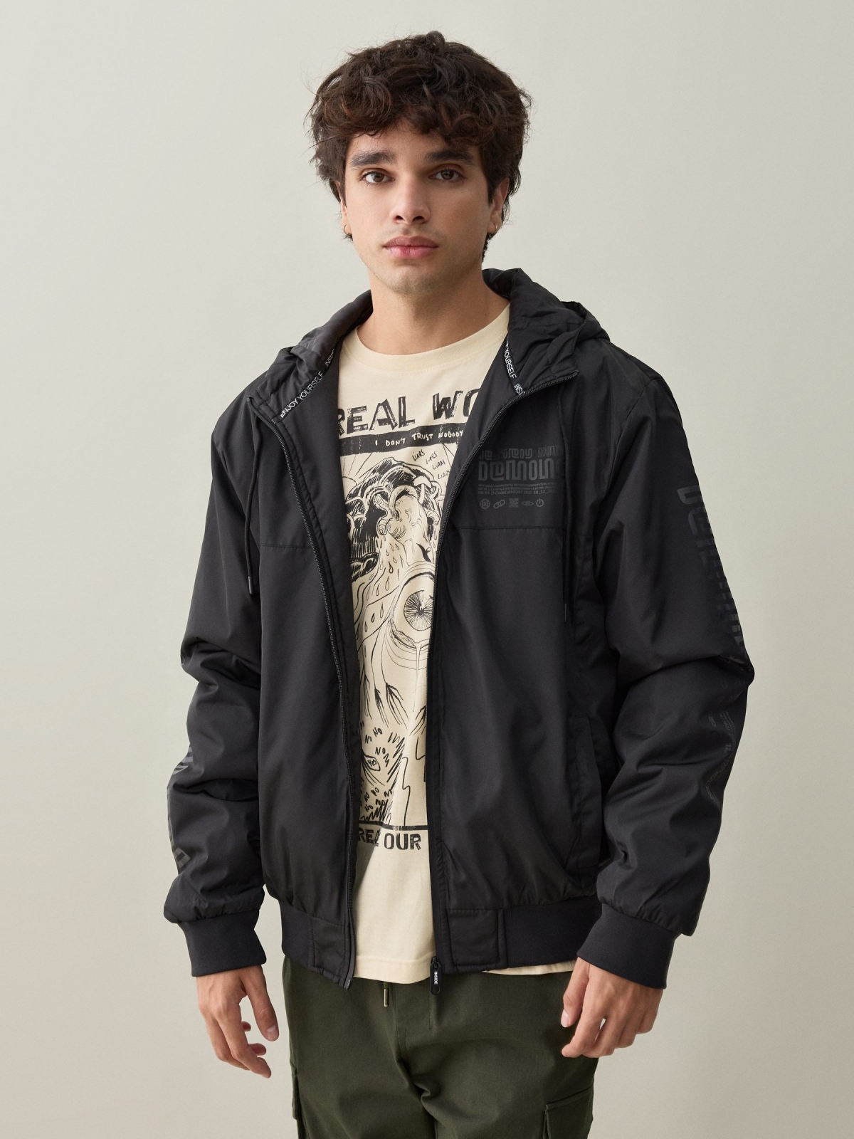 Nylon jacket with hood black middle front view