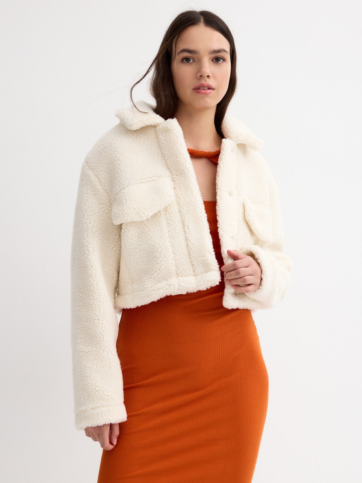 Lambskin crop coat beige middle front view