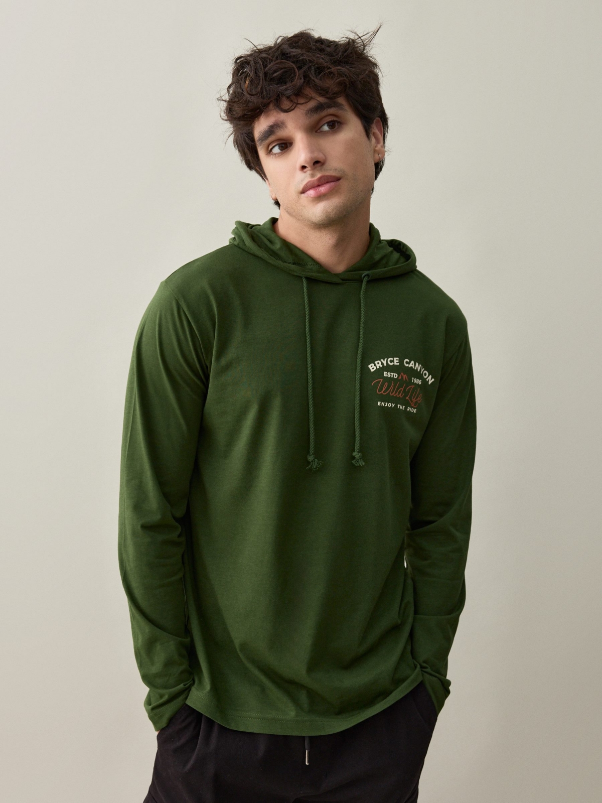 Mountains hooded T-shirt dark green middle front view