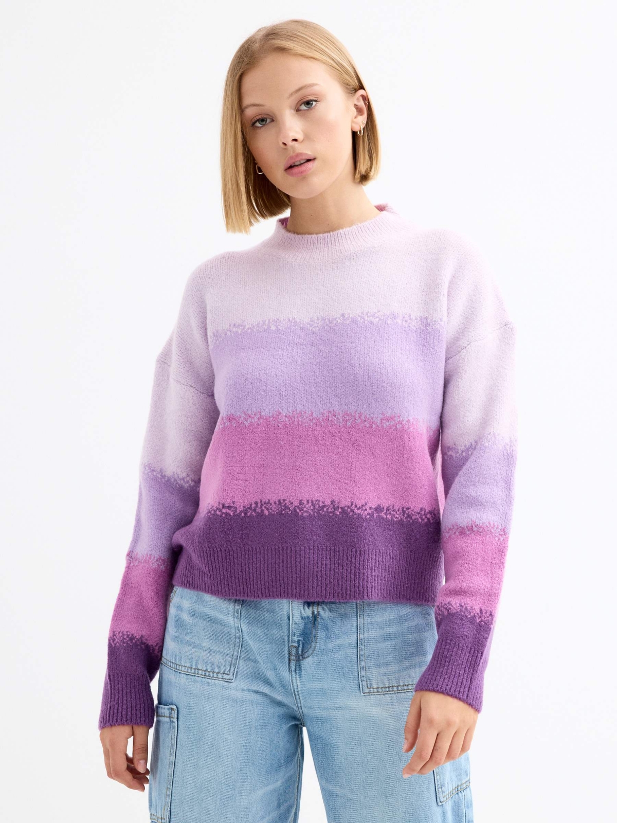 Striped knitted sweater mauve middle front view