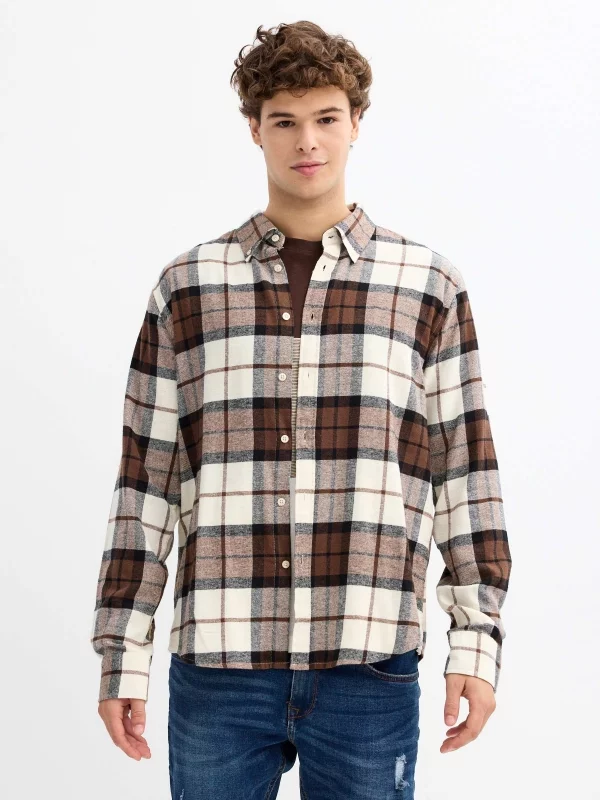 Plaid flannel shirt brown middle front view