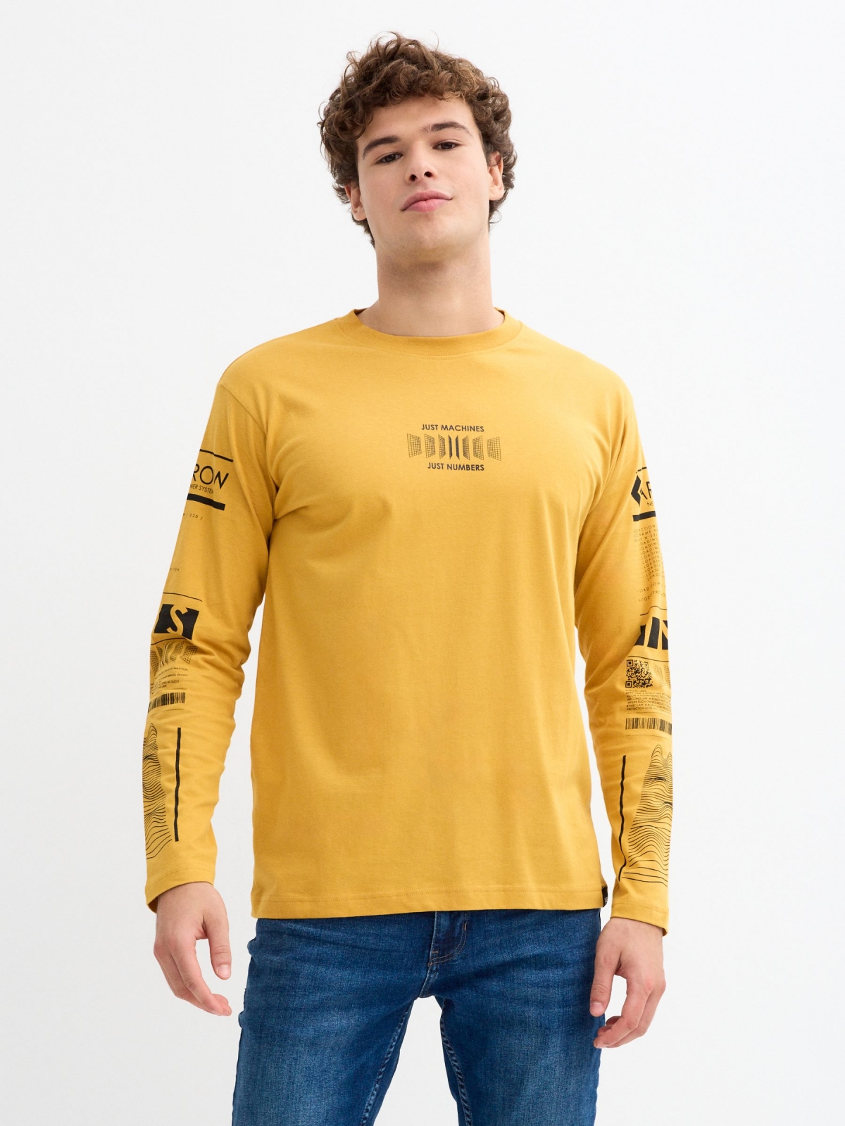 Cyber print T-shirt on sleeves ochre middle front view