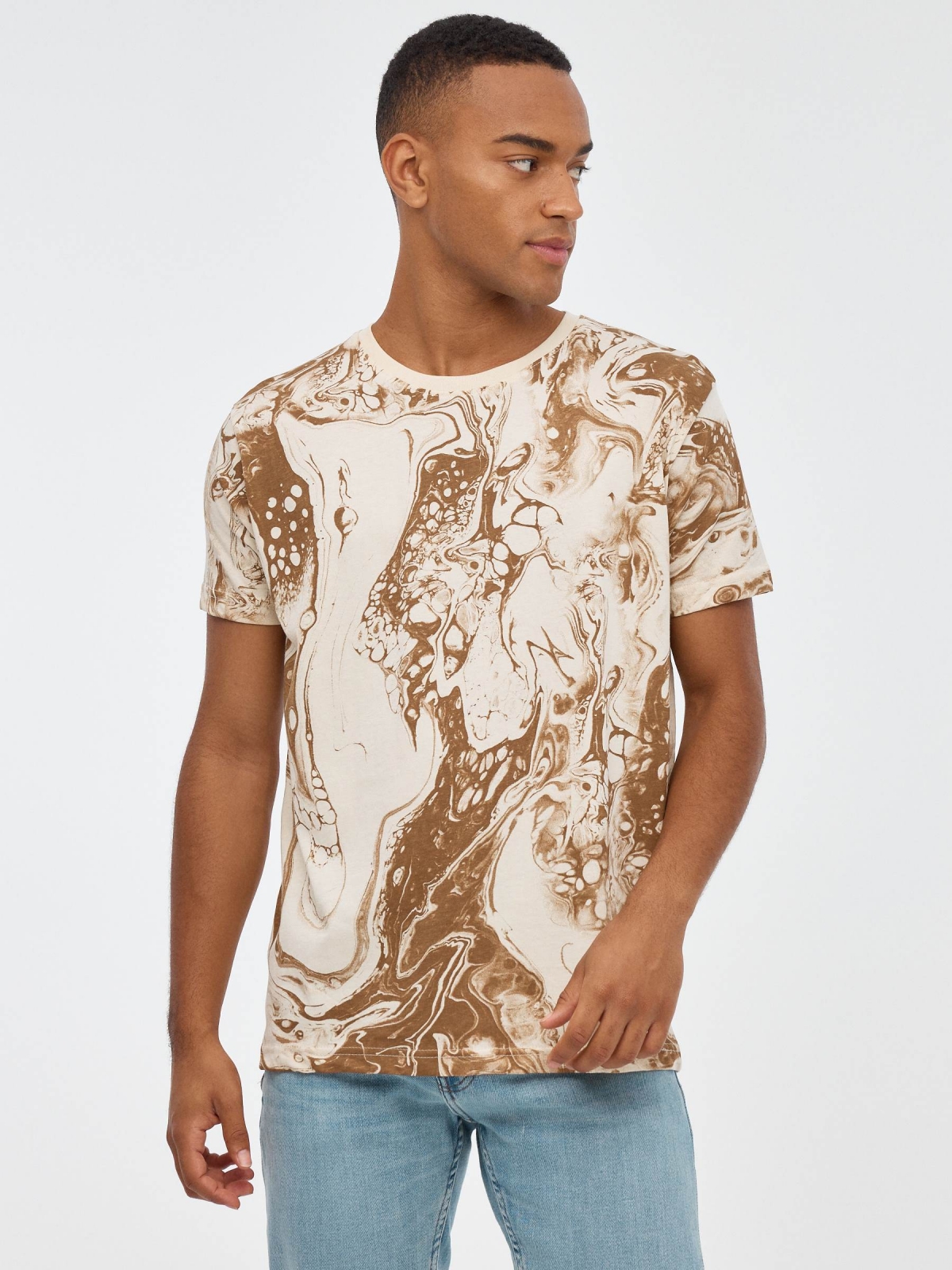 Psychedelic print t-shirt sand middle front view