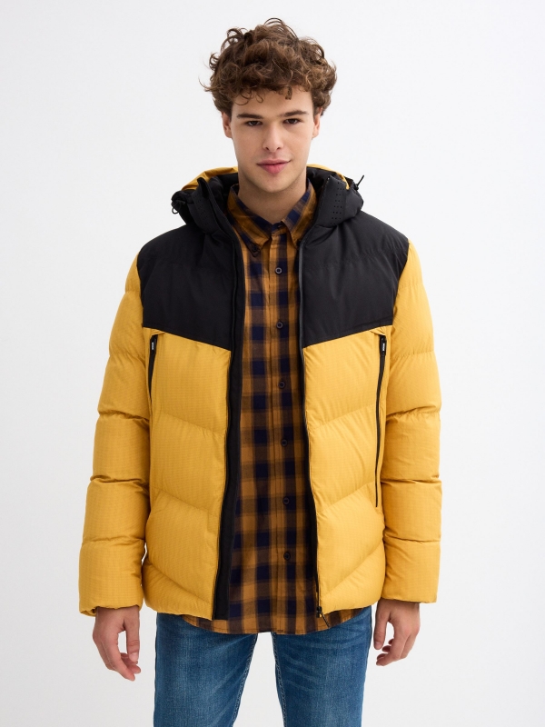 Block color quilted coat yellow middle front view