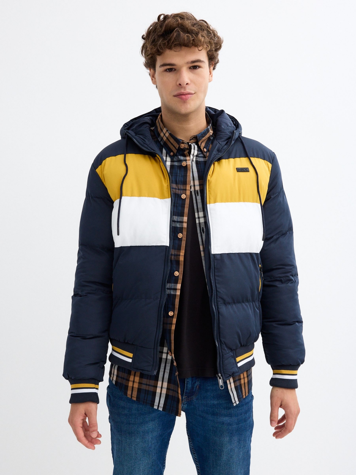 Nylon block color jacket with hood blue middle front view