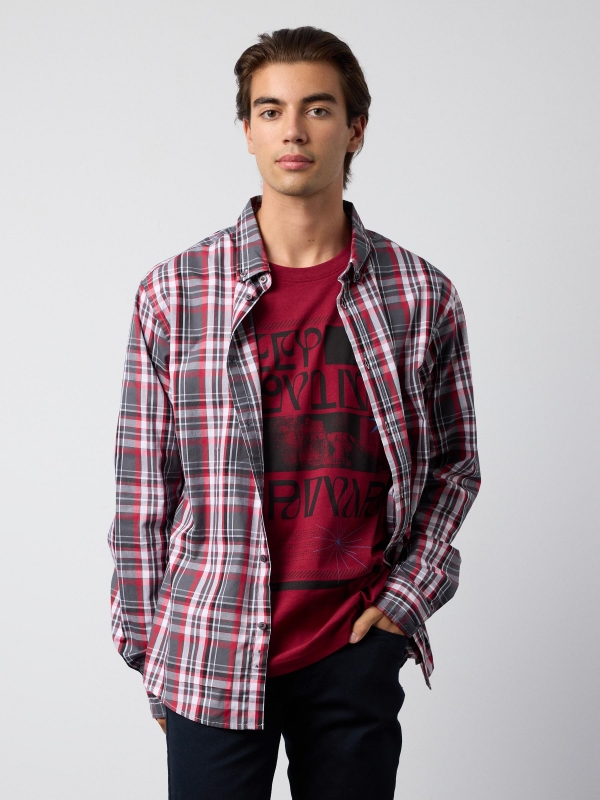 Checked cotton shirt red middle front view