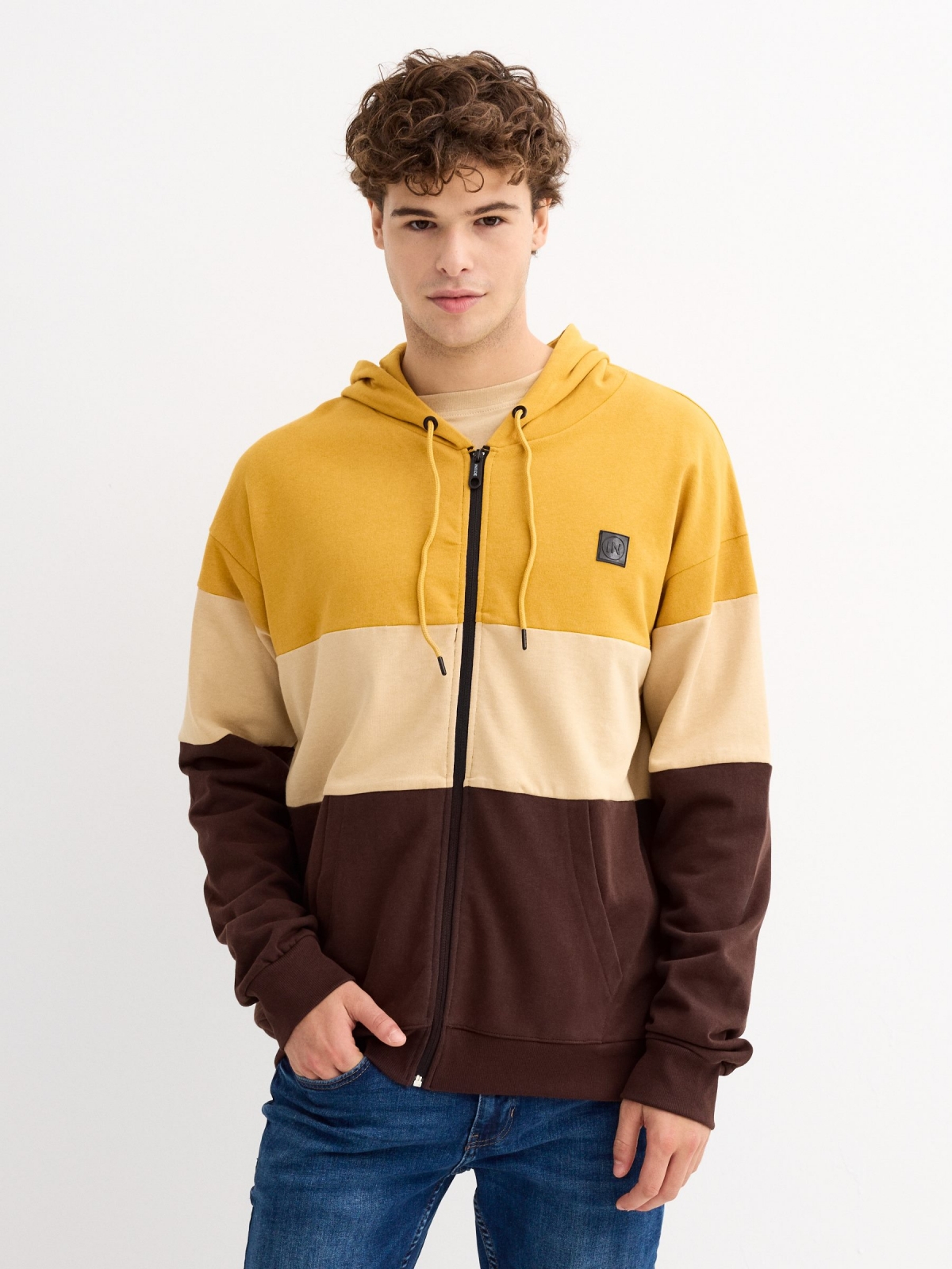 Brown block color hooded sweatshirt