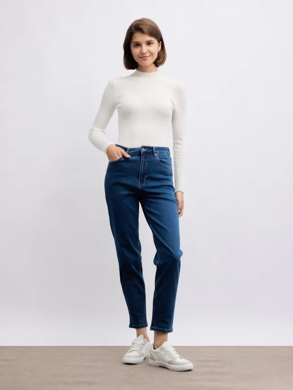 Mom slim denim light jeans dark blue front view