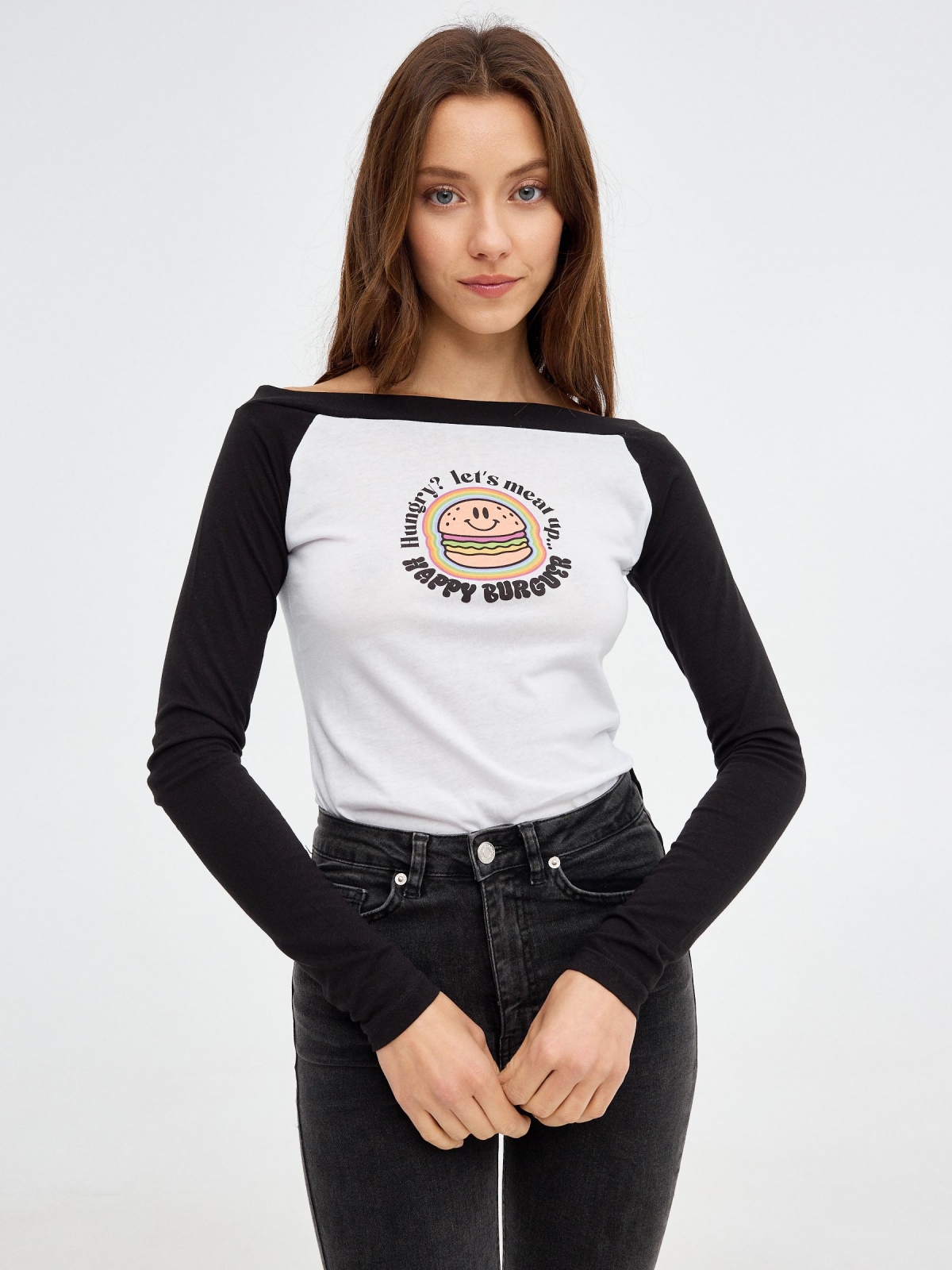 Burger print t-shirt black middle front view