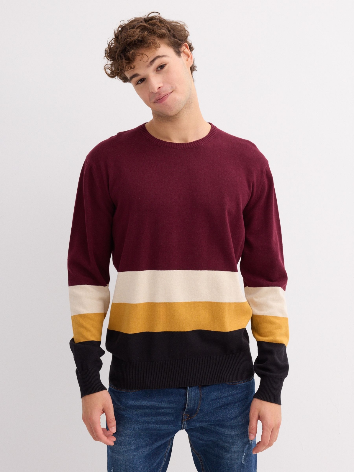 Color block knitted sweater burgundy middle front view