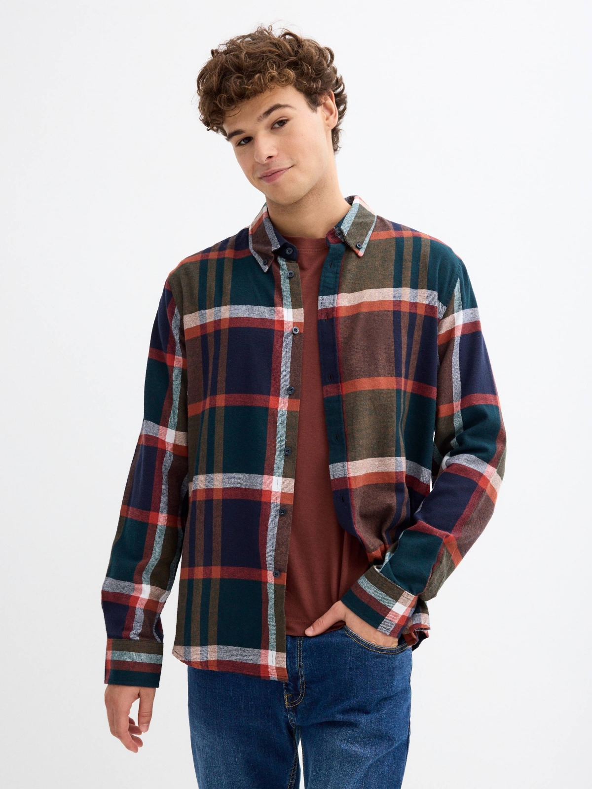 Green flannel shirt blue middle front view