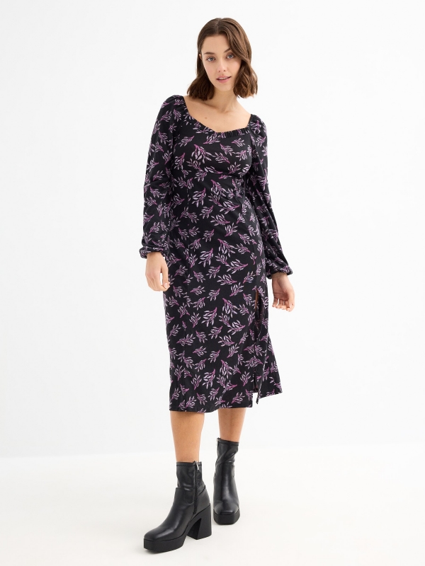 Midi dress purple leaves print