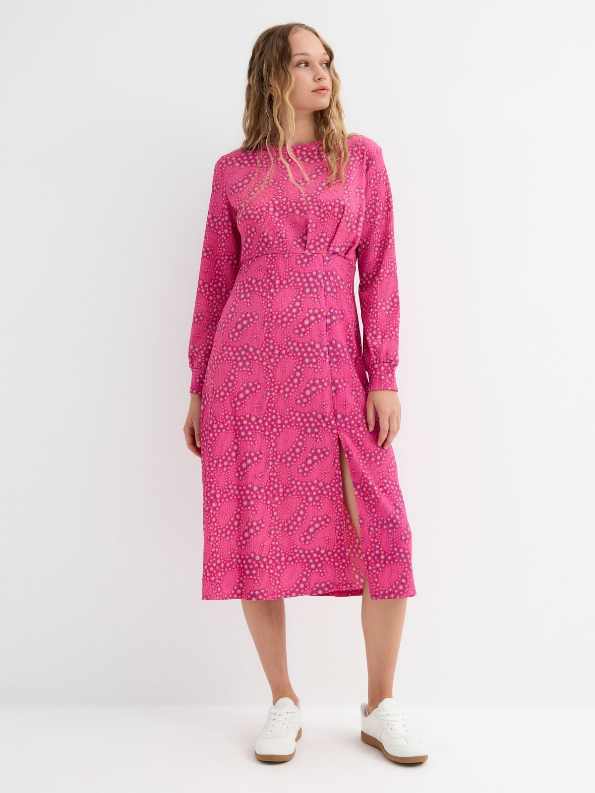 Midi flare dress with slit fuchsia middle front view