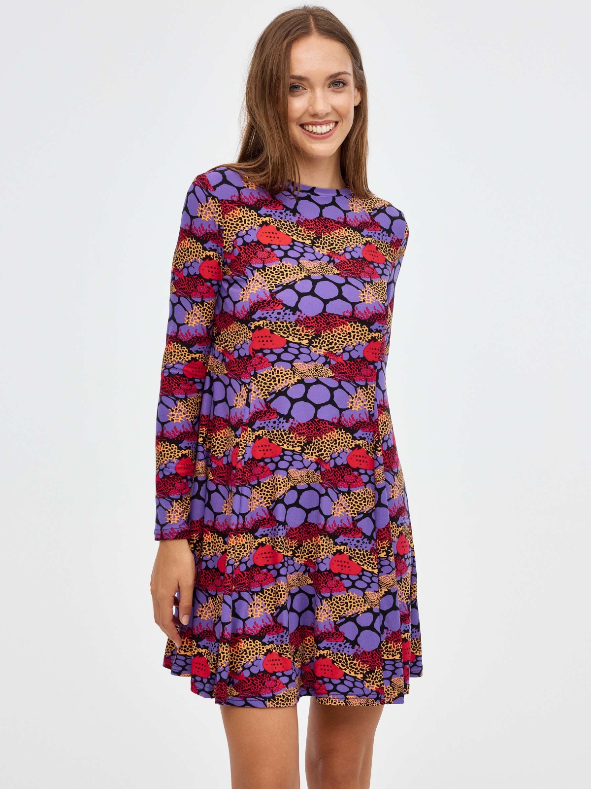 Purple mini print dress multicolor middle front view