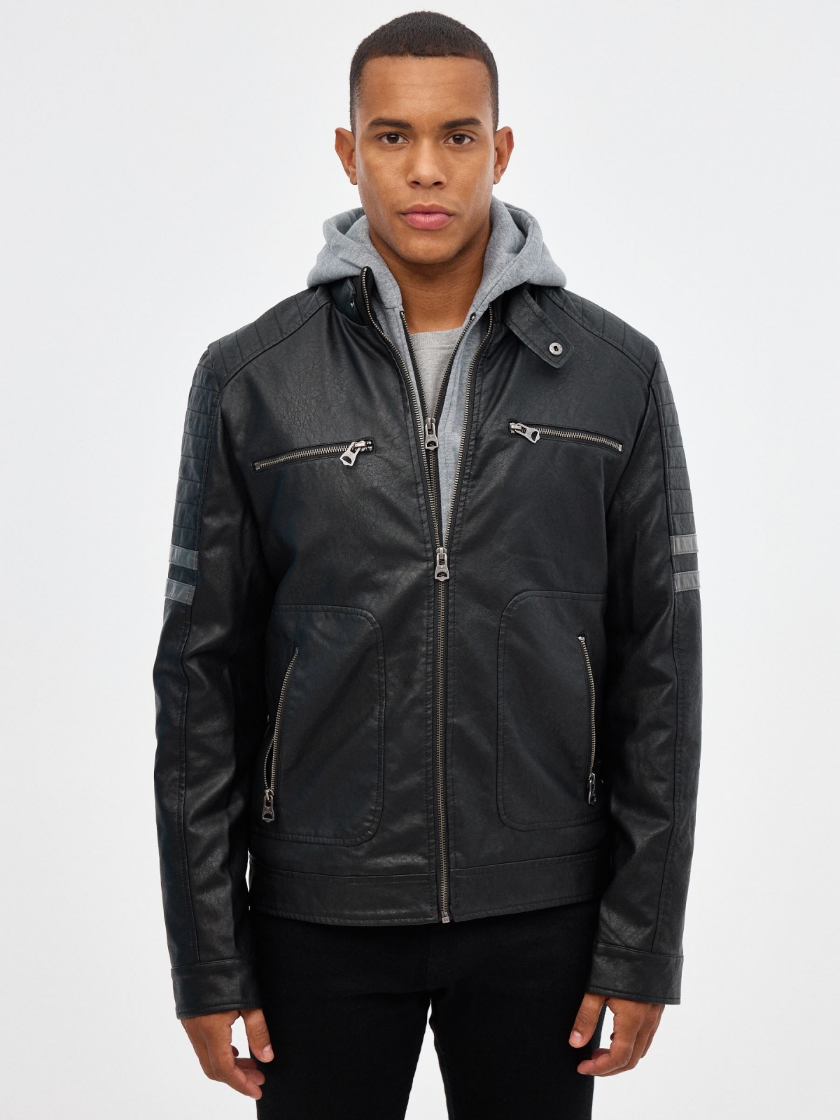 Combined hooded leatherette jacket black middle front view