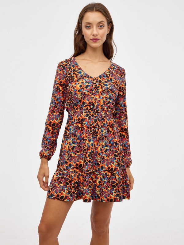 Button neck mini dress multicolor middle front view