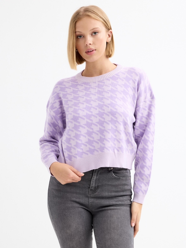 Houndstooth jacquard jumper mauve middle front view