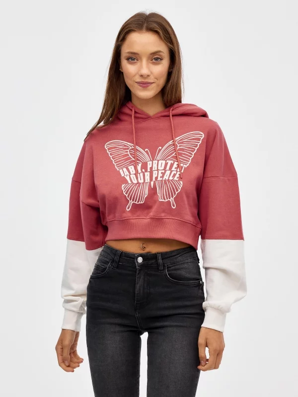 Sudadera crop print mariposa rojo vista media frontal