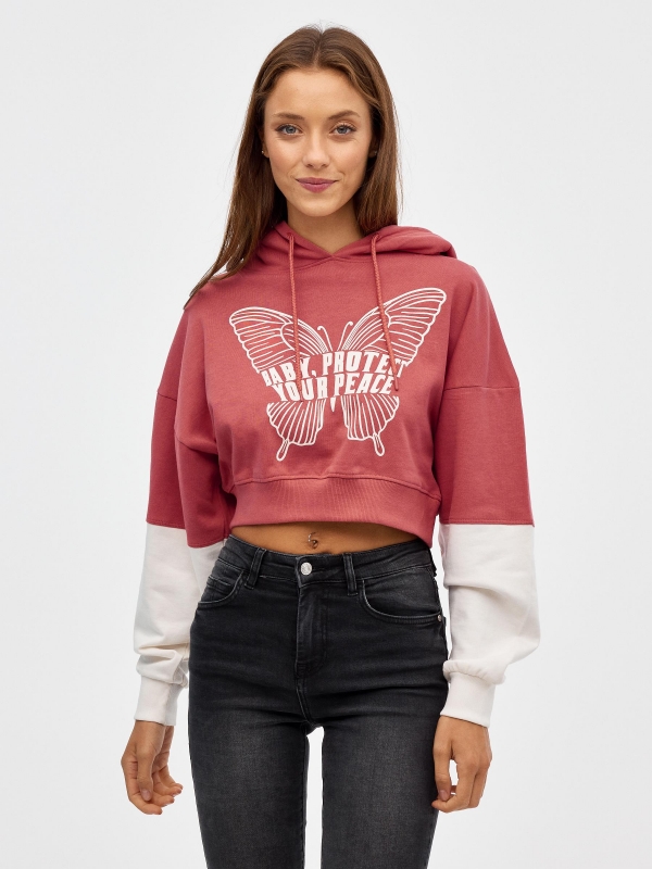 Sweatshirt com estampado de borboleta vermelho vista meia frontal