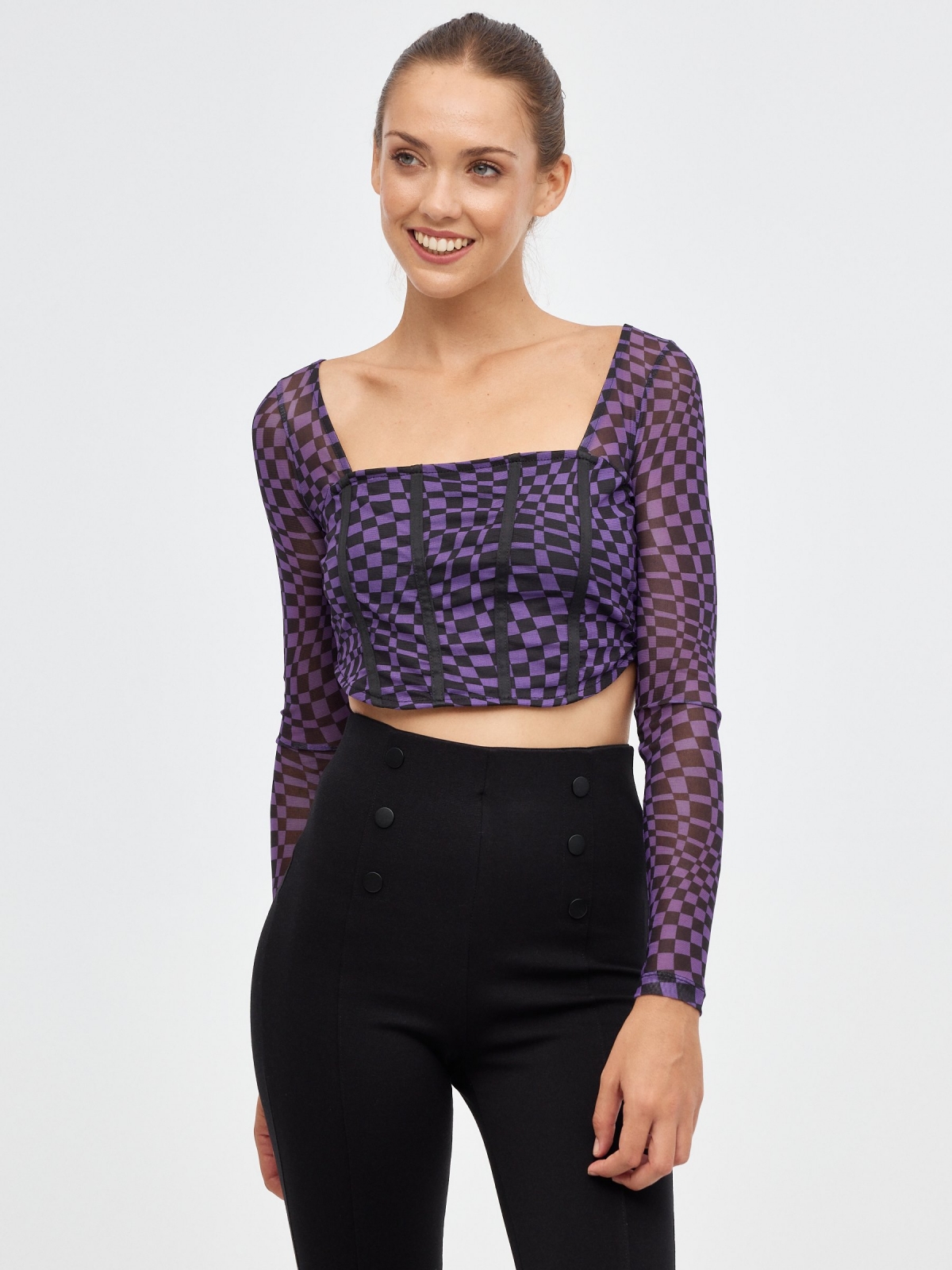 Mesh crop print t-shirt