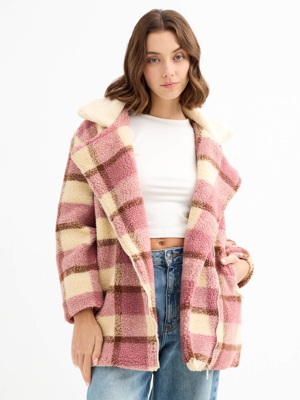 Checked print sheepskin jacket light pink middle front view