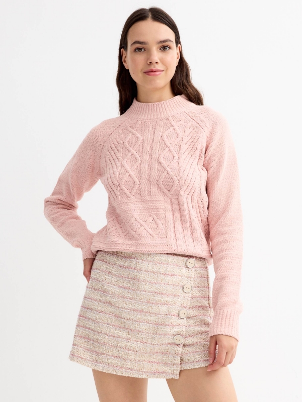 Knitted sweater with pattern pink middle front view