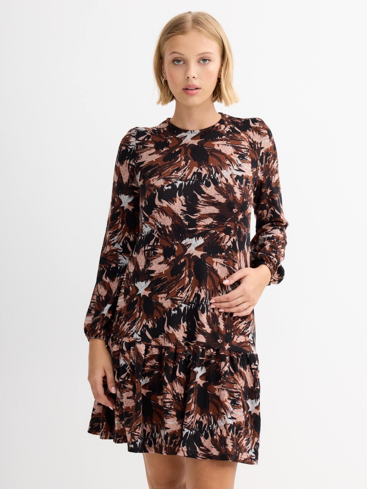 Total print mini dress with ruffle multicolor three-quarter front view