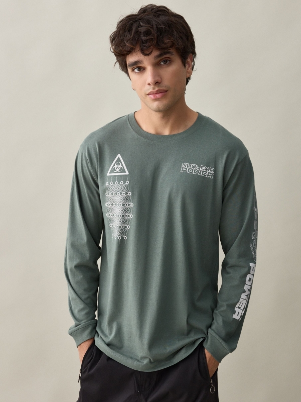 Power print sleeve t-shirt greyish green middle front view