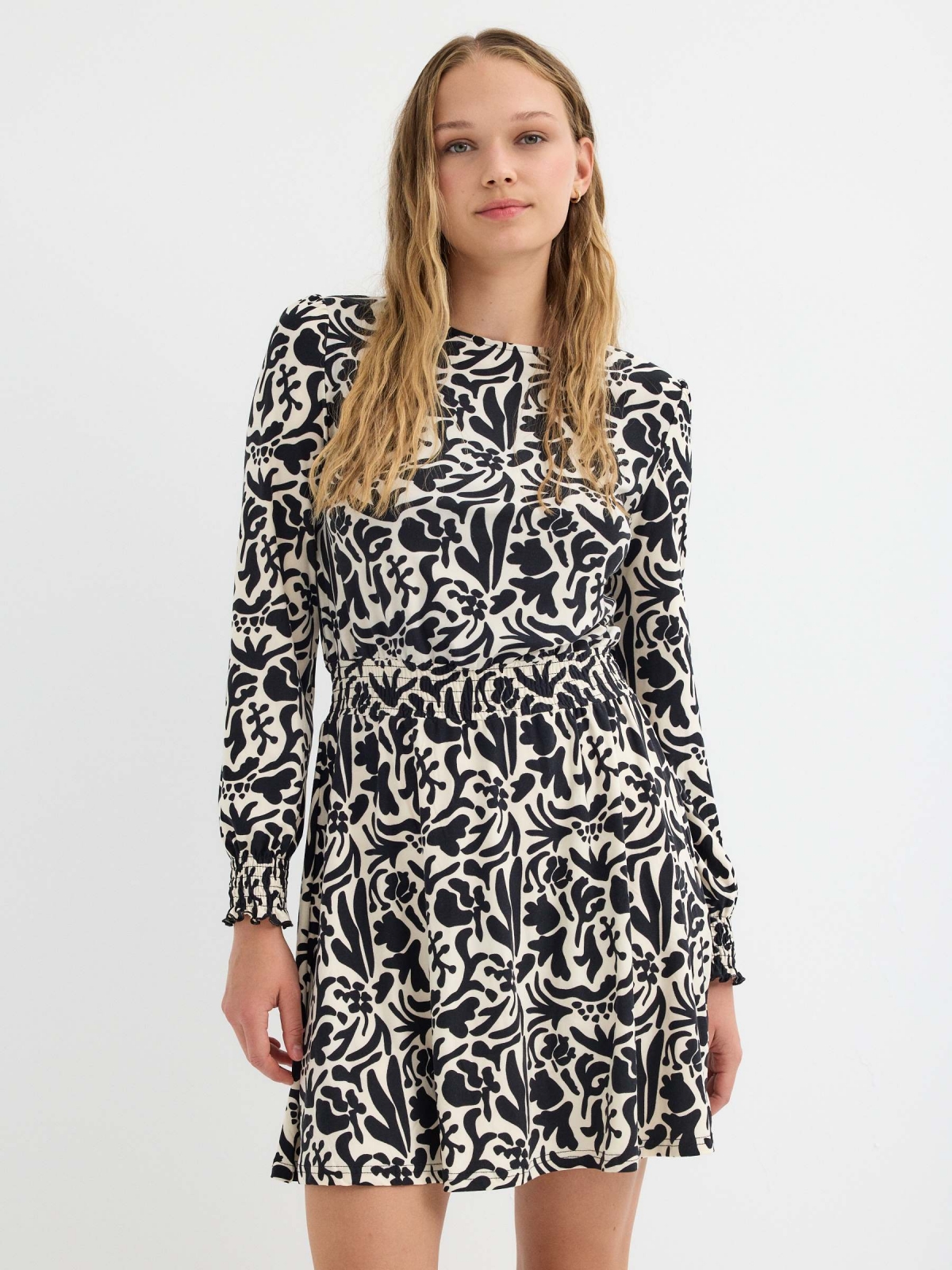 Mini flare dress printed with elastic bands black middle front view