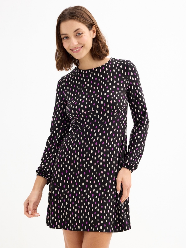 Total polka dots mini print dress black three-quarter front view