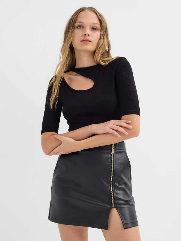 Leather effect mini skirt with zipper black middle front view