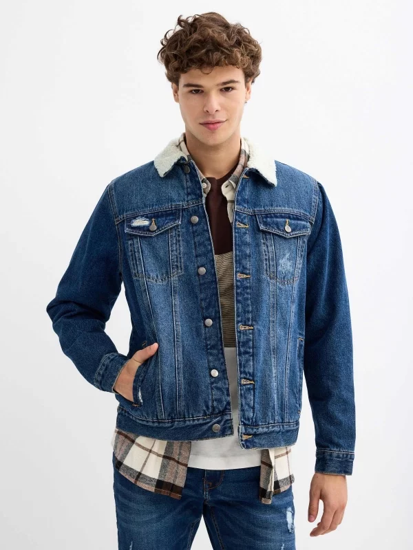 Denim sheepskin jacket blue middle front view