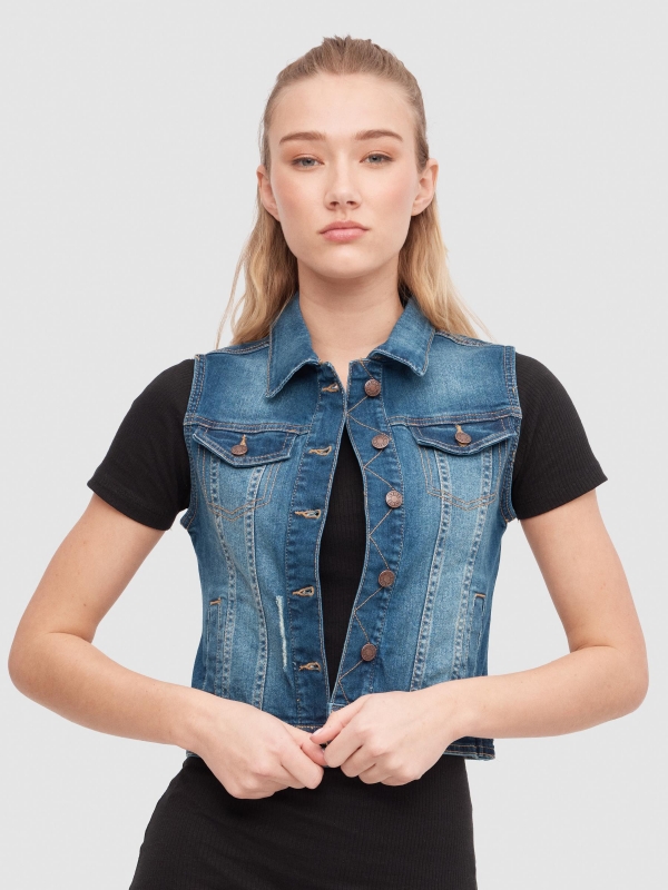 Washed denim vest