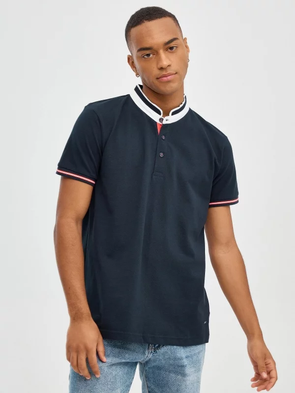 Piqué polo shirt mandarin collar navy middle front view