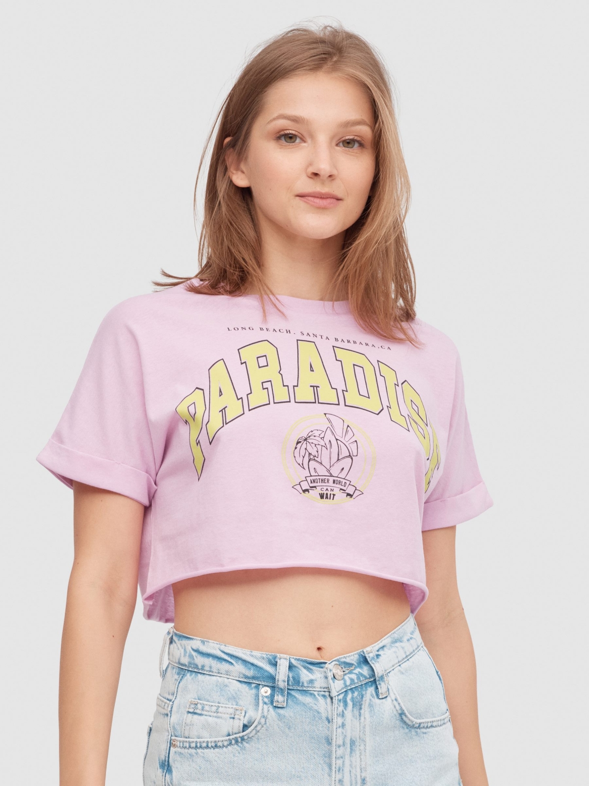 T-shirt crop Paradise magenta vista meia frontal