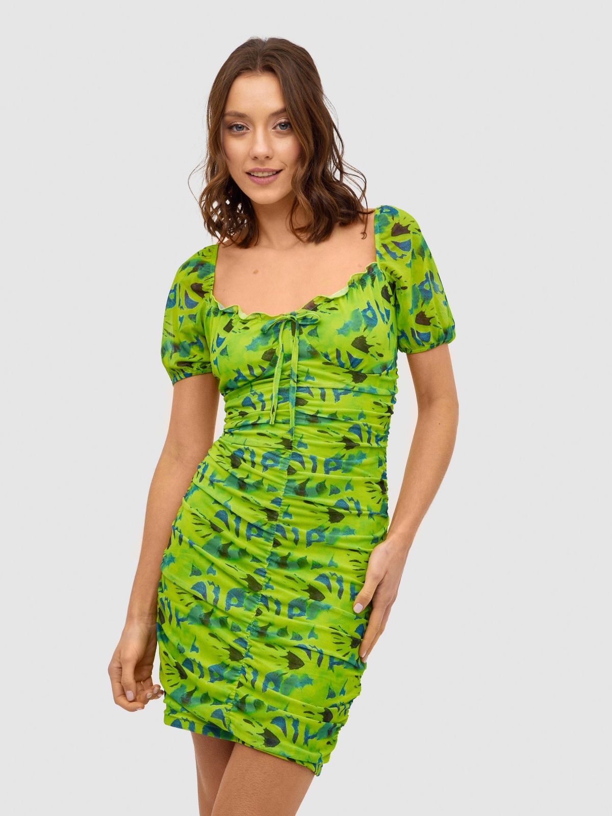 All-over print tulle mini dress lime three-quarter front view