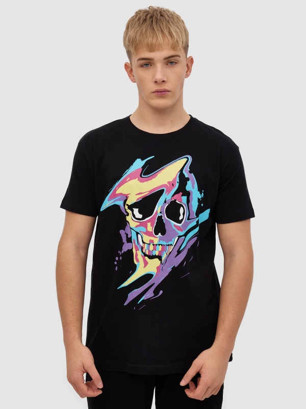 Camiseta calavera diluida negro vista media frontal